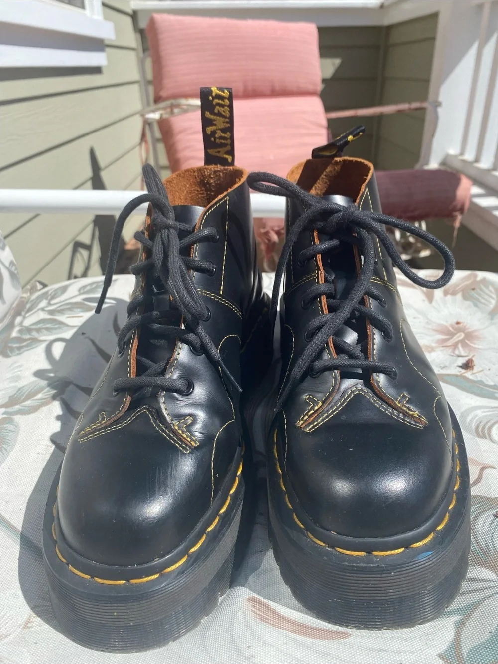 Dr. Martens Black Leather Lace-Up Platform Boots with Yellow Stitching